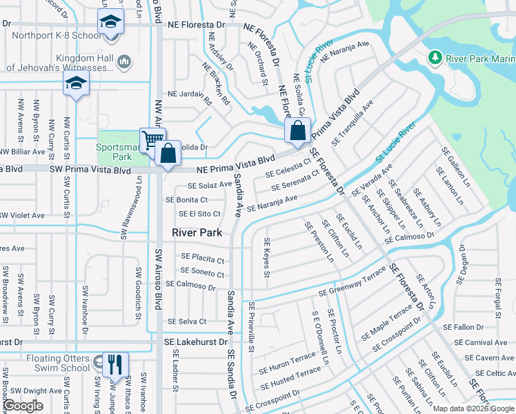 map of restaurants, bars, coffee shops, grocery stores, and more near 229 Southeast Verada Avenue in Port St. Lucie