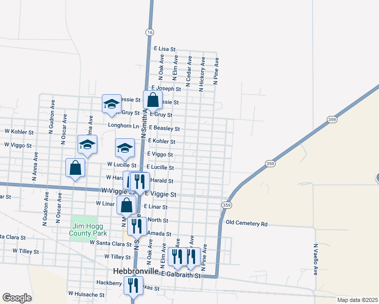map of restaurants, bars, coffee shops, grocery stores, and more near 951-999 North Cedar Avenue in Hebbronville