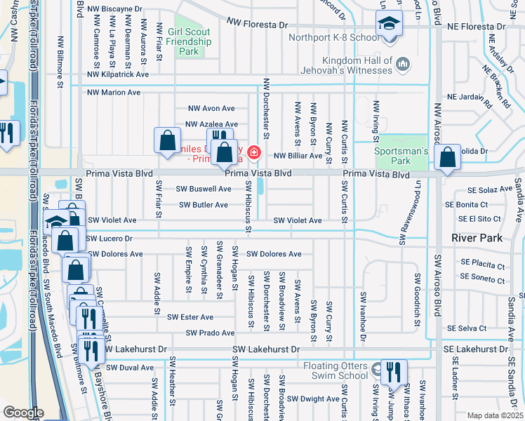 map of restaurants, bars, coffee shops, grocery stores, and more near 480 Southwest Dorchester Street in Port St. Lucie