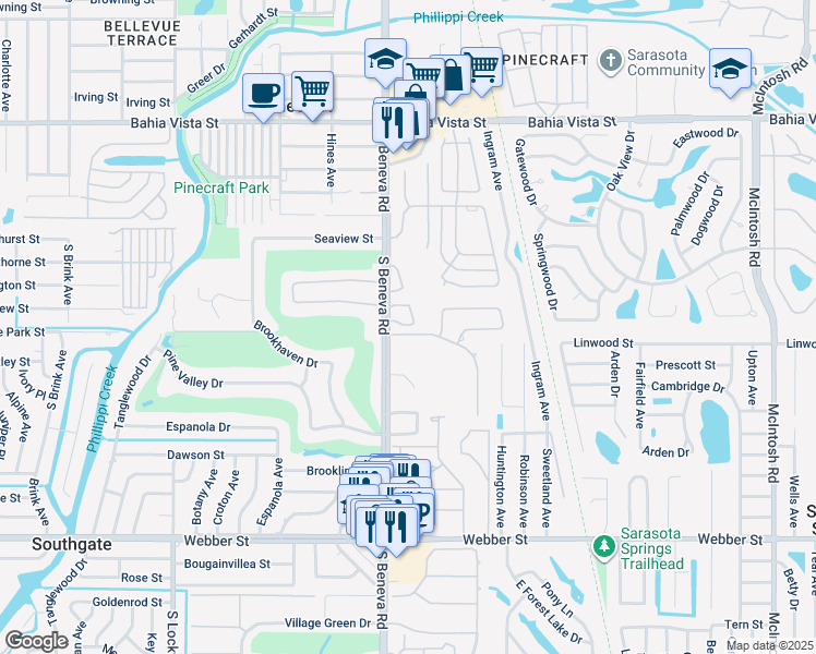 map of restaurants, bars, coffee shops, grocery stores, and more near 2019 South Beneva Road in Sarasota