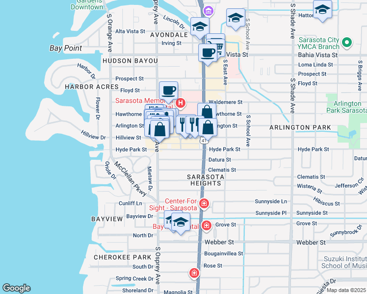 map of restaurants, bars, coffee shops, grocery stores, and more near 1913 Datura Street in Sarasota