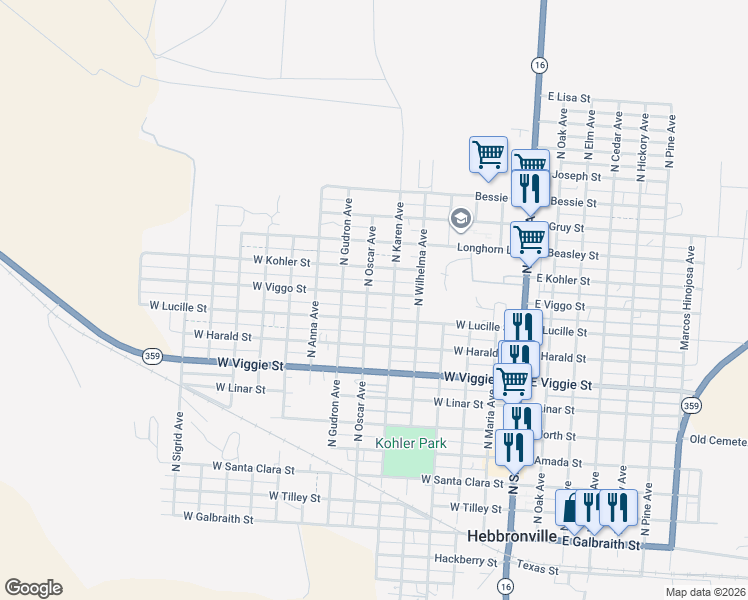 map of restaurants, bars, coffee shops, grocery stores, and more near 700-710 West Lucille Street in Hebbronville