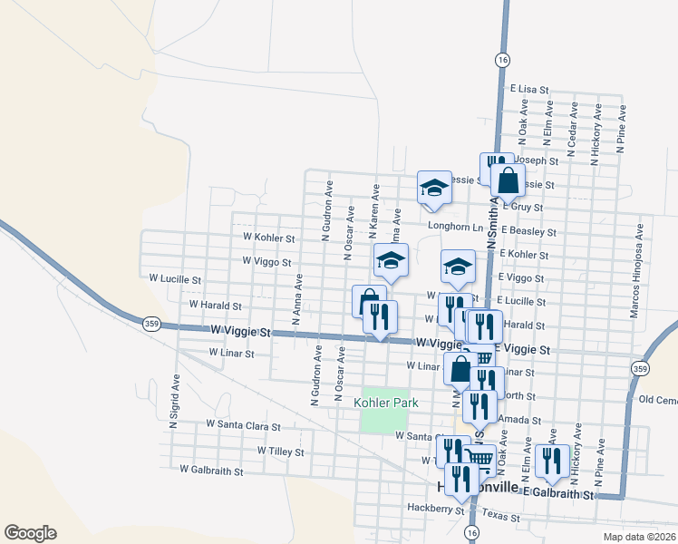 map of restaurants, bars, coffee shops, grocery stores, and more near 700-710 West Lucille Street in Hebbronville