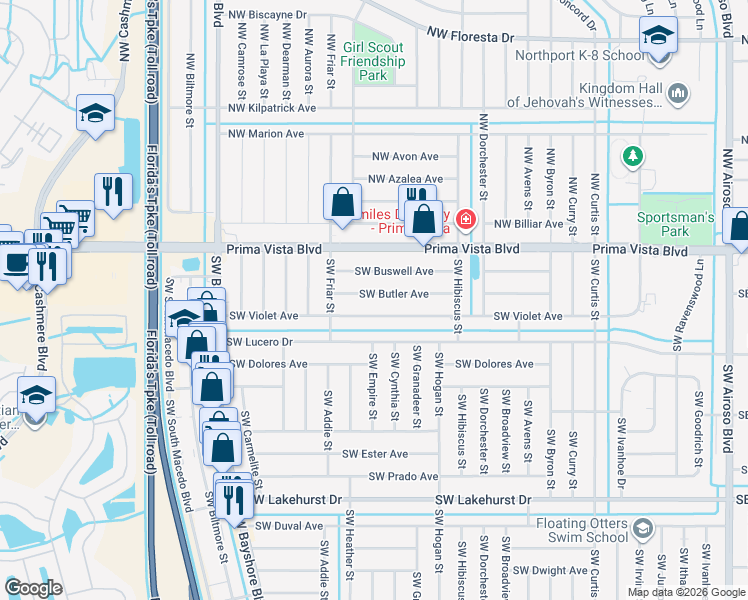 map of restaurants, bars, coffee shops, grocery stores, and more near 568 Southwest Buswell Avenue in Port St. Lucie
