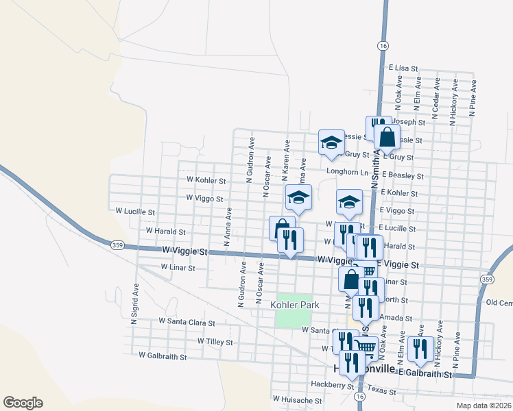 map of restaurants, bars, coffee shops, grocery stores, and more near 1052-1098 North Oscar Avenue in Hebbronville