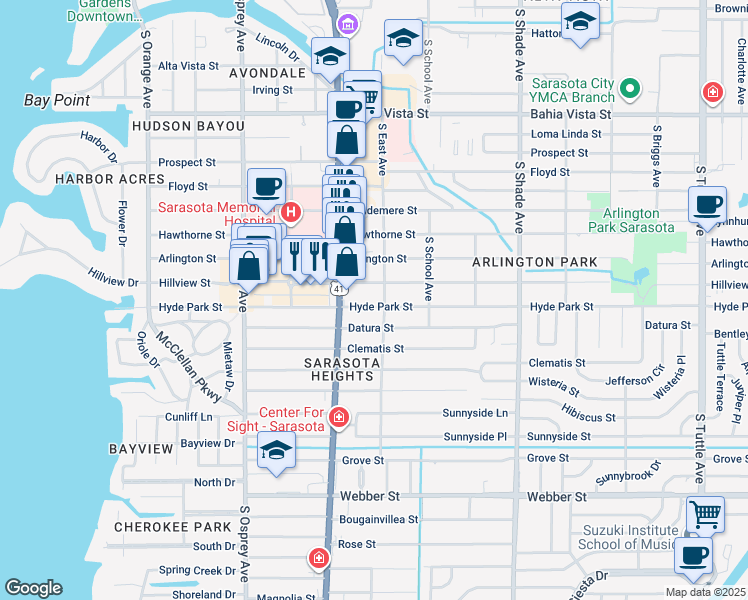 map of restaurants, bars, coffee shops, grocery stores, and more near 2059 Hillview Street in Sarasota