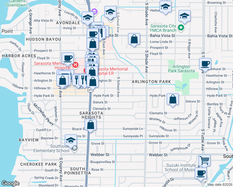 map of restaurants, bars, coffee shops, grocery stores, and more near 2219 Hillview Street in Sarasota
