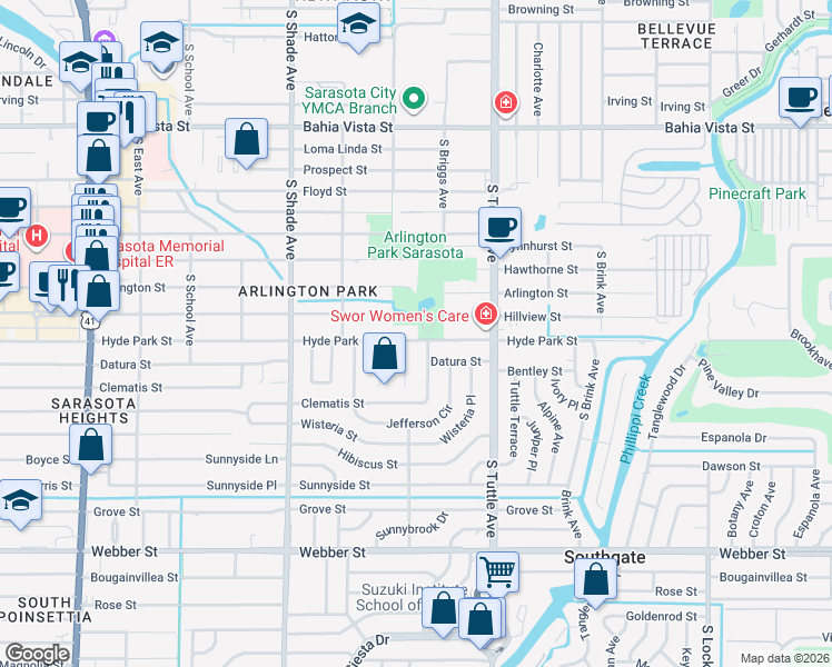 map of restaurants, bars, coffee shops, grocery stores, and more near 2641 Hyde Park Street in Sarasota
