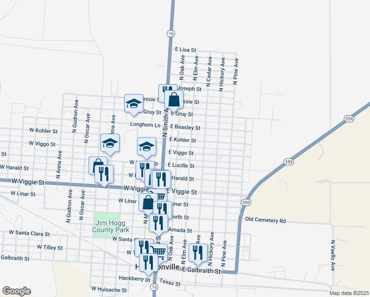 map of restaurants, bars, coffee shops, grocery stores, and more near 210 East Kohler Street in Hebbronville