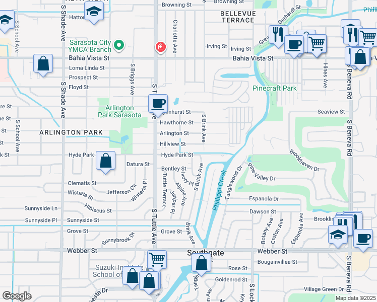 map of restaurants, bars, coffee shops, grocery stores, and more near 2919 Hyde Park Street in Sarasota