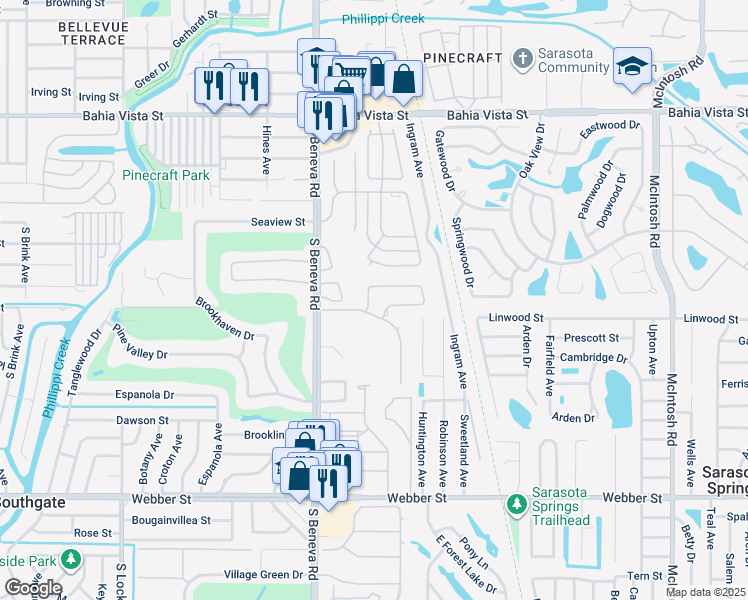 map of restaurants, bars, coffee shops, grocery stores, and more near 1731 Riviera Circle in Sarasota
