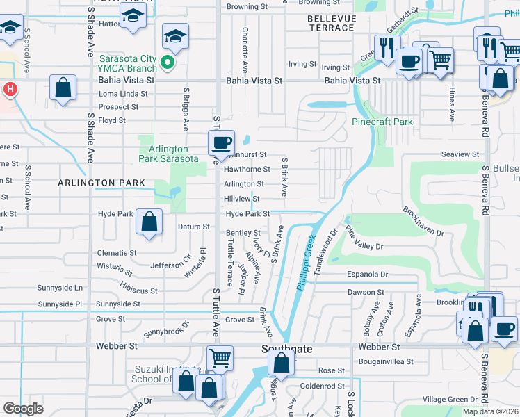 map of restaurants, bars, coffee shops, grocery stores, and more near 2903 Hillview Street in Sarasota