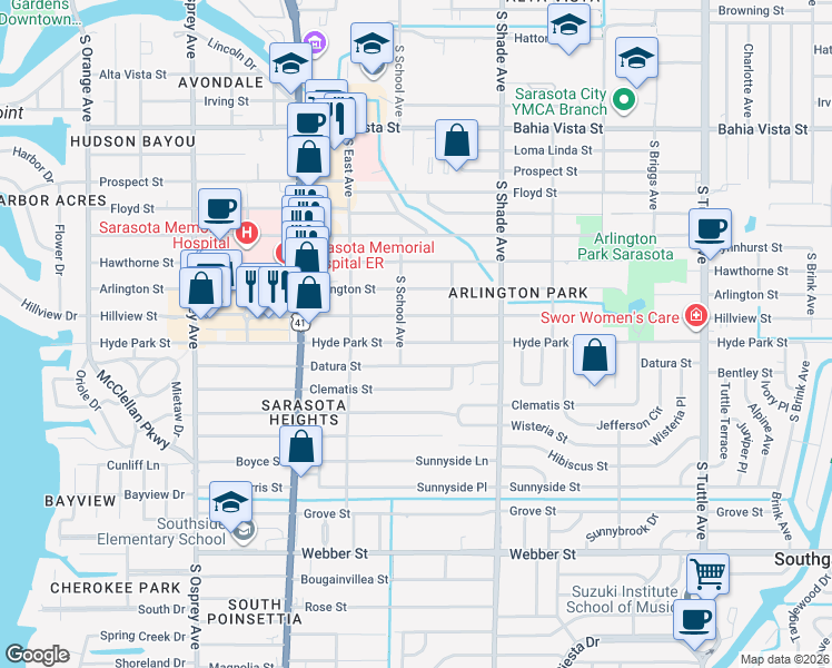 map of restaurants, bars, coffee shops, grocery stores, and more near 2219 Hillview Street in Sarasota