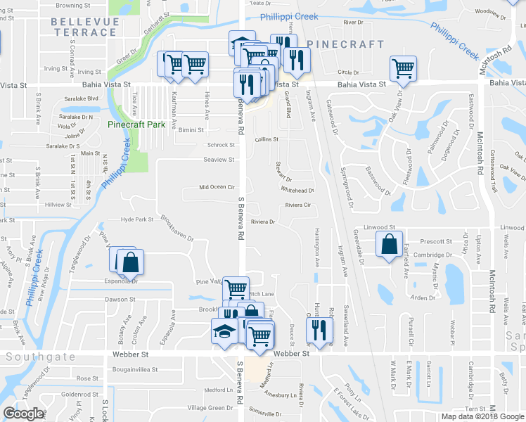 map of restaurants, bars, coffee shops, grocery stores, and more near 1731 Riviera Circle in Sarasota