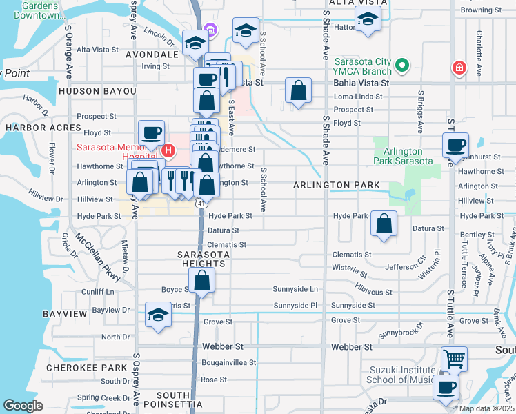 map of restaurants, bars, coffee shops, grocery stores, and more near 2219 Hillview Street in Sarasota