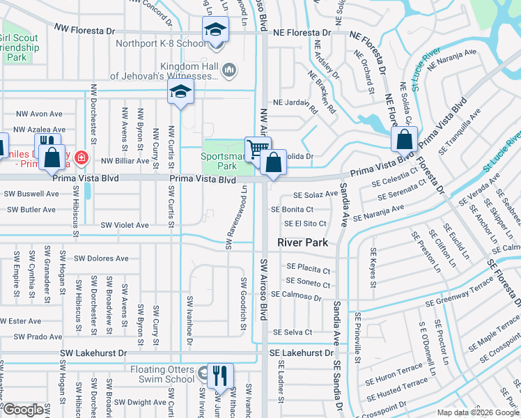map of restaurants, bars, coffee shops, grocery stores, and more near 290 Southwest Airoso Boulevard in Port St. Lucie