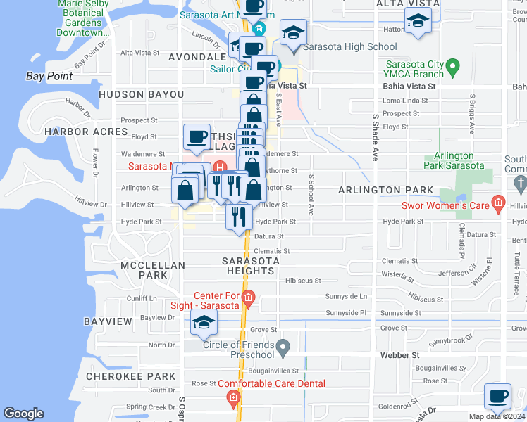 map of restaurants, bars, coffee shops, grocery stores, and more near 2050 Hillview Street in Sarasota