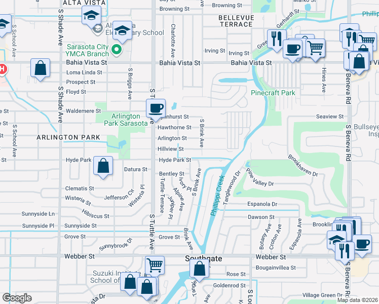 map of restaurants, bars, coffee shops, grocery stores, and more near 2935 Hillview Street in Sarasota