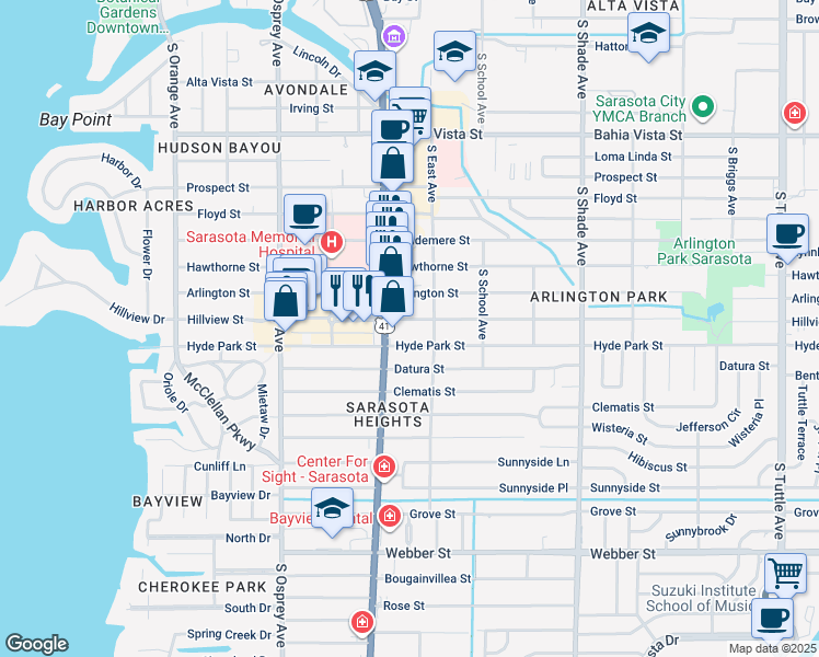 map of restaurants, bars, coffee shops, grocery stores, and more near 2059 Hillview Street in Sarasota