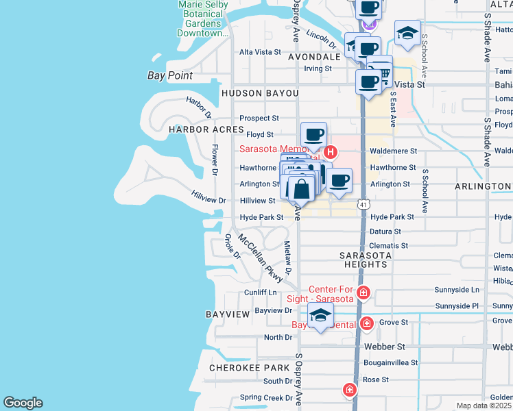 map of restaurants, bars, coffee shops, grocery stores, and more near 1666 Hillview Street in Sarasota