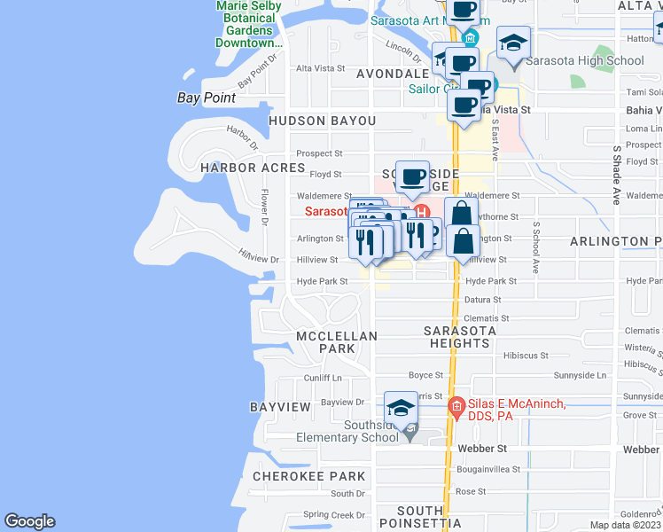 map of restaurants, bars, coffee shops, grocery stores, and more near 1691 Hillview Street in Sarasota