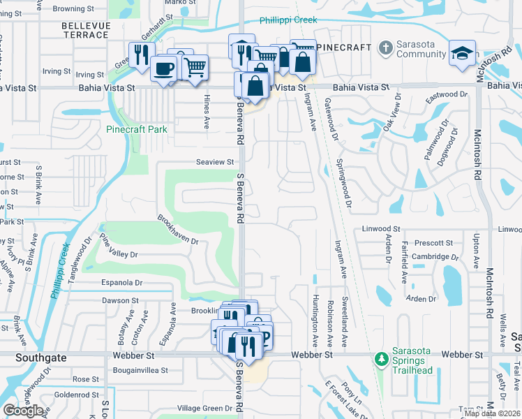 map of restaurants, bars, coffee shops, grocery stores, and more near 1853 Toucan Way in Sarasota