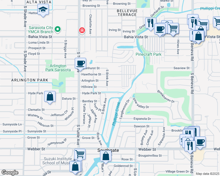 map of restaurants, bars, coffee shops, grocery stores, and more near 3008 Hillview Street in Sarasota