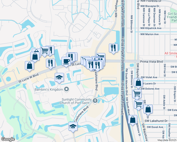 map of restaurants, bars, coffee shops, grocery stores, and more near 908 Saint Lucie West Boulevard in Port St. Lucie