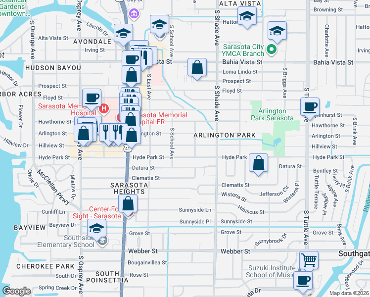 map of restaurants, bars, coffee shops, grocery stores, and more near 2299 Hillview Street in Sarasota