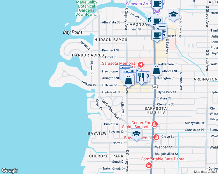 map of restaurants, bars, coffee shops, grocery stores, and more near 1691 Hillview Street in Sarasota