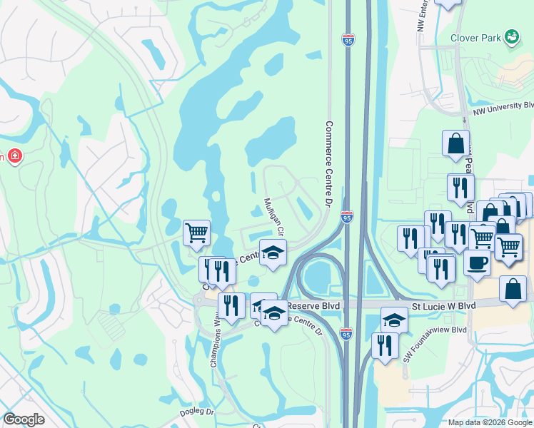 map of restaurants, bars, coffee shops, grocery stores, and more near 8366 Mulligan Circle in Port St. Lucie