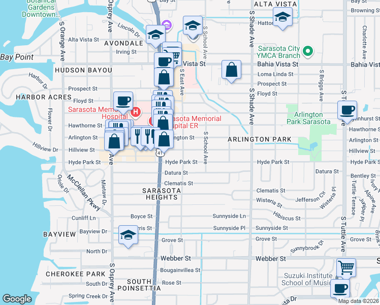map of restaurants, bars, coffee shops, grocery stores, and more near 2126 Hillview Street in Sarasota