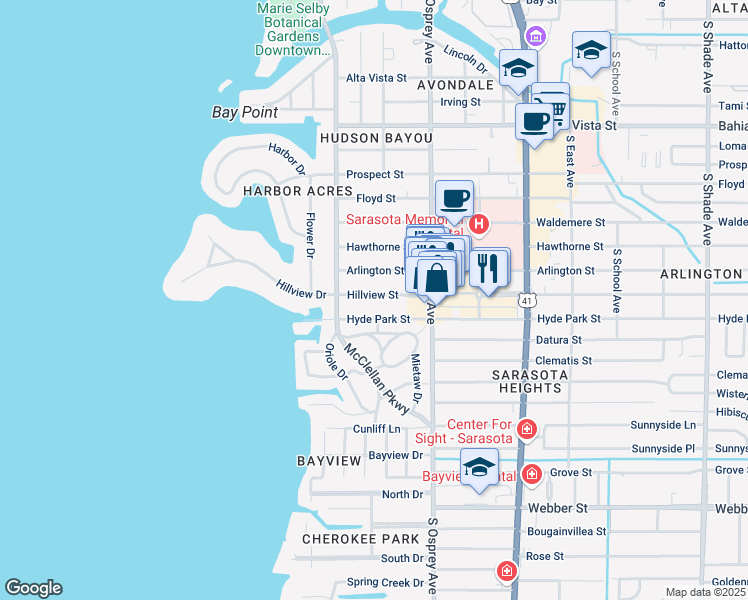 map of restaurants, bars, coffee shops, grocery stores, and more near 1666 Hillview Street in Sarasota
