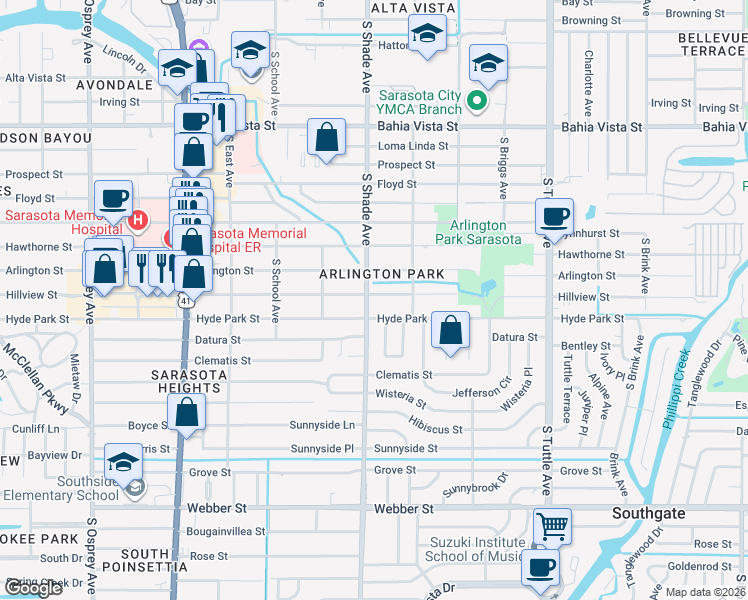 map of restaurants, bars, coffee shops, grocery stores, and more near 2439 Hillview Street in Sarasota
