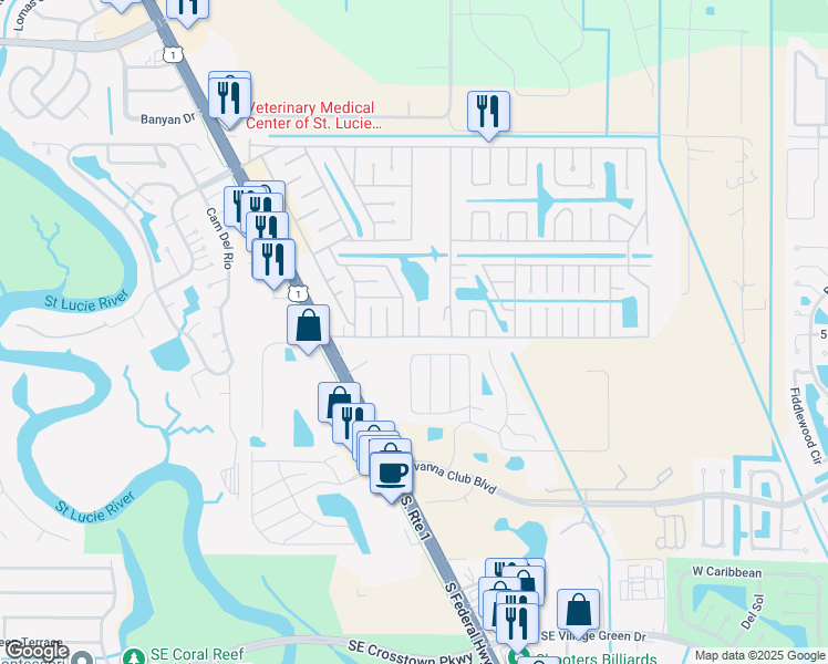 map of restaurants, bars, coffee shops, grocery stores, and more near 17 Espanola Lane in Port St. Lucie
