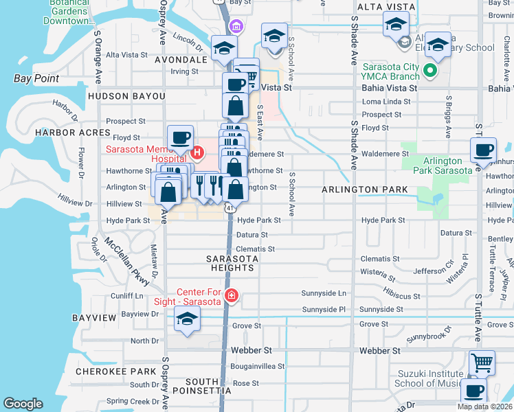 map of restaurants, bars, coffee shops, grocery stores, and more near 2059 Hillview Street in Sarasota