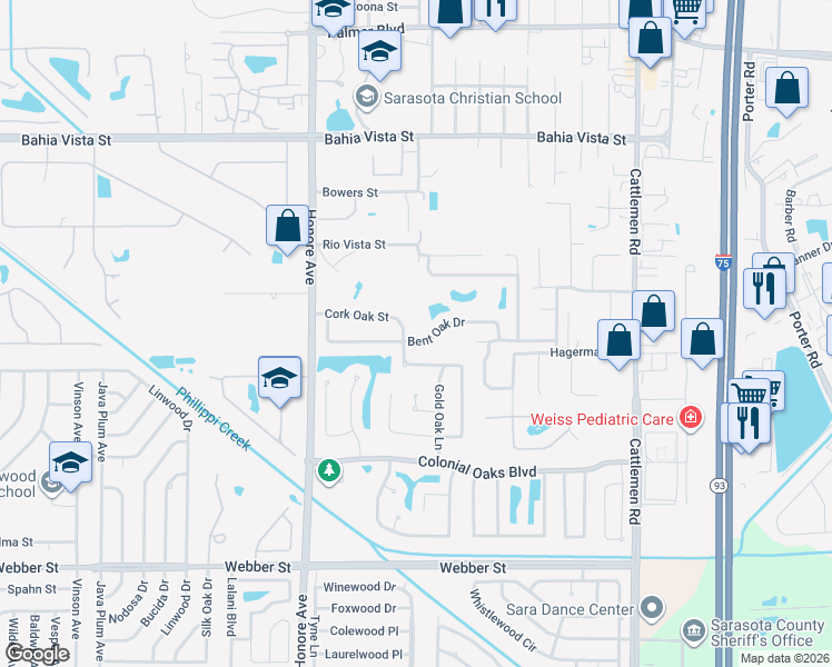map of restaurants, bars, coffee shops, grocery stores, and more near 5499 Bent Oak Drive in Sarasota