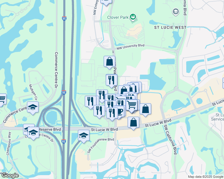 map of restaurants, bars, coffee shops, grocery stores, and more near 270 Northwest Peacock Boulevard in Port St. Lucie