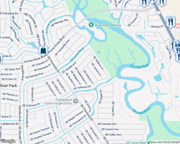 map of restaurants, bars, coffee shops, grocery stores, and more near 434 Southeast Sunnydale Lane in Port St. Lucie