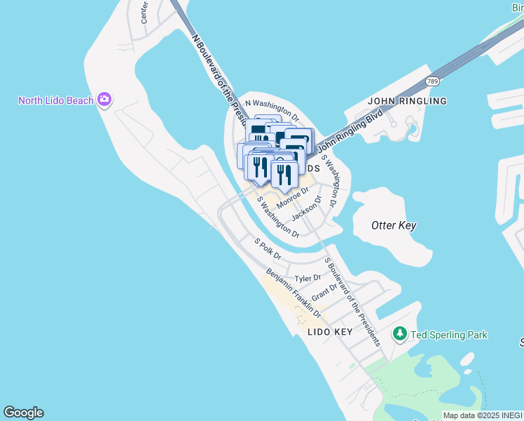 map of restaurants, bars, coffee shops, grocery stores, and more near 509 South Washington Drive in Sarasota