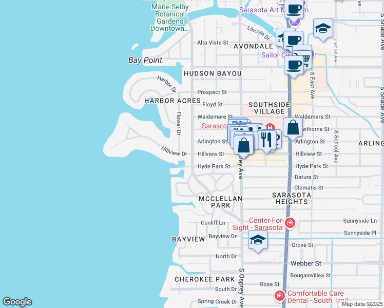 map of restaurants, bars, coffee shops, grocery stores, and more near 1731 Hillview Drive in Sarasota