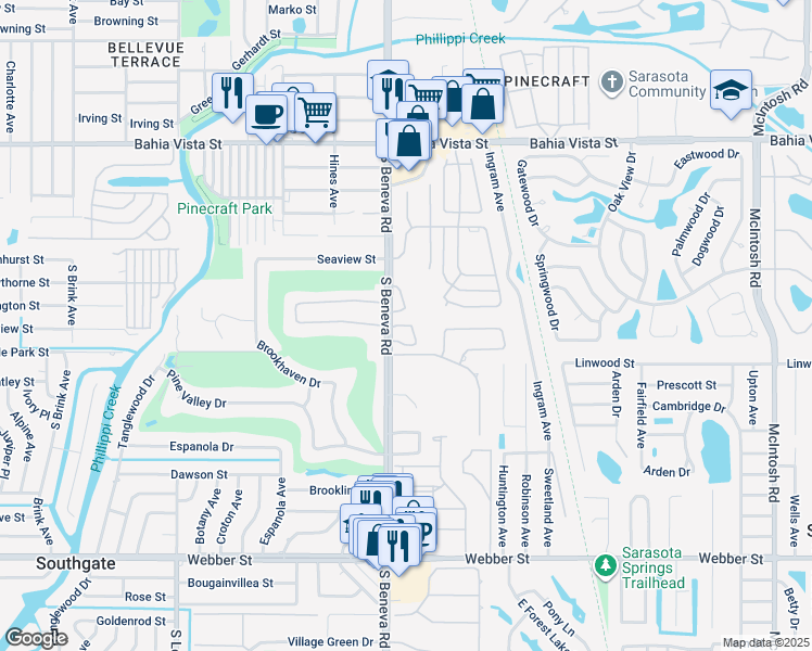 map of restaurants, bars, coffee shops, grocery stores, and more near 1957 Toucan Way in Sarasota