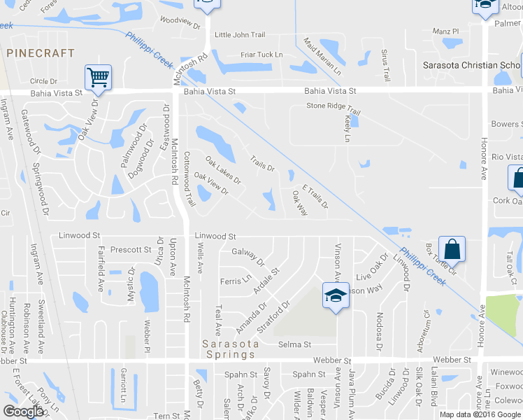 map of restaurants, bars, coffee shops, grocery stores, and more near 1599 Oak Circle North in Sarasota