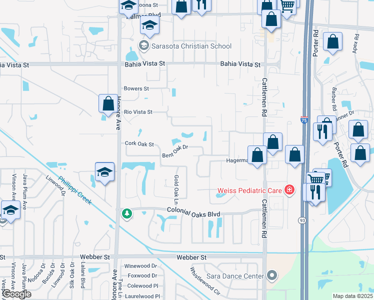 map of restaurants, bars, coffee shops, grocery stores, and more near 5580 Bent Oak Drive in Sarasota