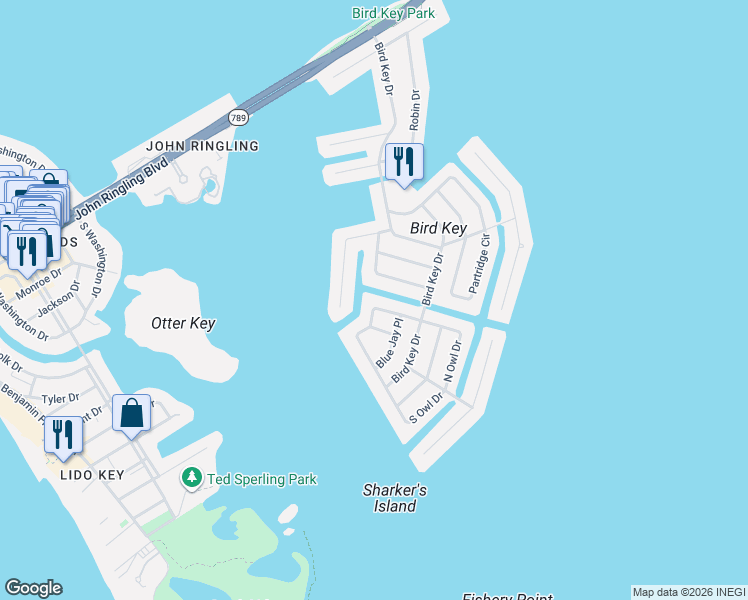 map of restaurants, bars, coffee shops, grocery stores, and more near 526 North Spoonbill Drive in Sarasota