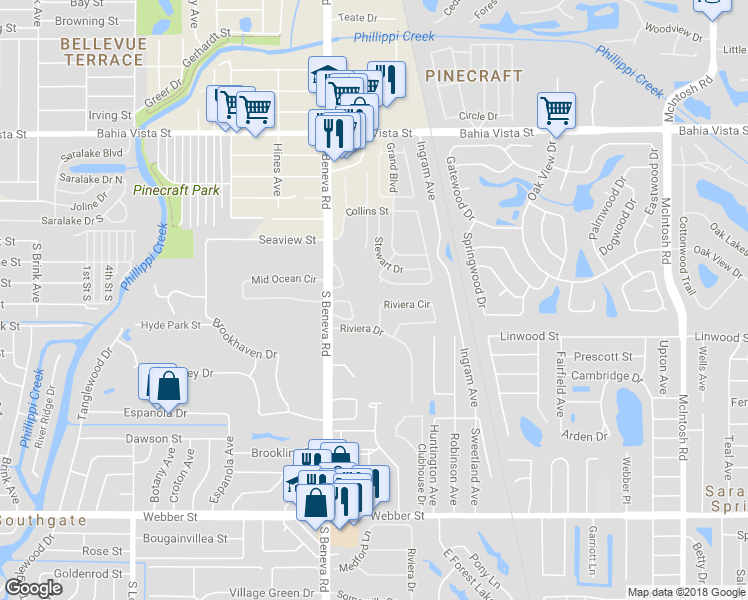 map of restaurants, bars, coffee shops, grocery stores, and more near 1731 Riviera Circle in Sarasota