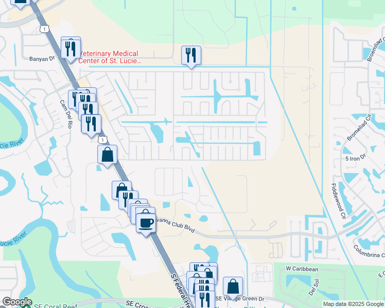 map of restaurants, bars, coffee shops, grocery stores, and more near 35 Southeast Flamenco Way in Port St. Lucie