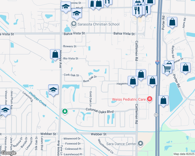 map of restaurants, bars, coffee shops, grocery stores, and more near 5580 Bent Oak Drive in Sarasota