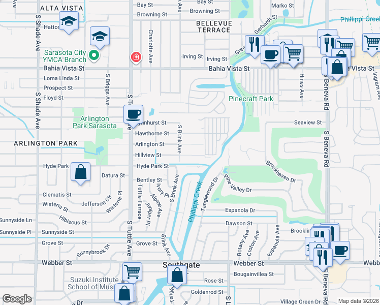 map of restaurants, bars, coffee shops, grocery stores, and more near 3017 Hillview Street in Sarasota