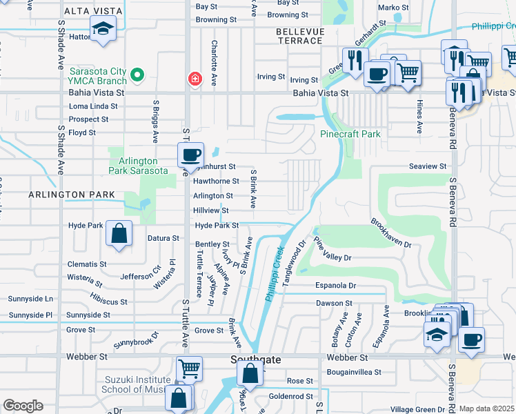 map of restaurants, bars, coffee shops, grocery stores, and more near 3017 Hillview Street in Sarasota